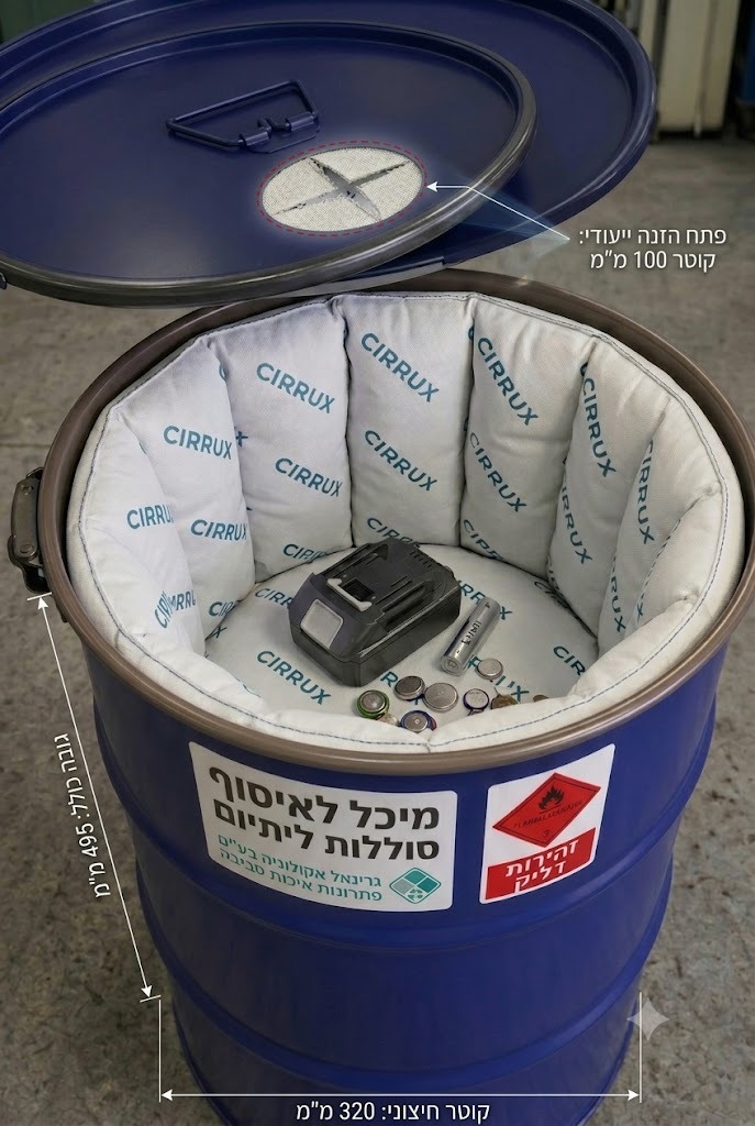 פירוט מידות - מיכל איסוף בטיחותי לסוללות ליתיום